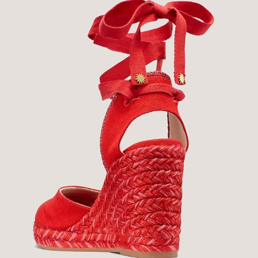Stuart Weitzman Marguerita canvas wedge red sandals - Picture 2 of 12